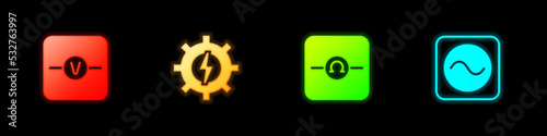 Set Voltmeter, Gear and lightning, Ohmmeter and AC voltage source icon. Vector