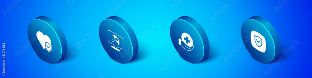 Set Isometric Life insurance with shield, Shield and Umbrella icon. Vector Set Isometric Life insurance with shield, Shield and Umbrella icon. Vector