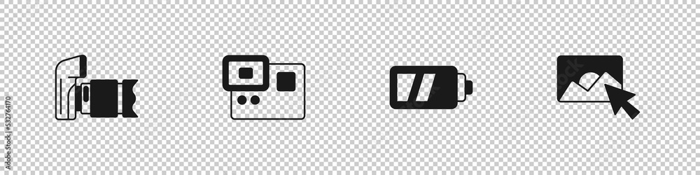 Set Photo camera, Action extreme, Battery for and retouching icon. Vector
