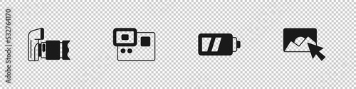 Set Photo camera, Action extreme, Battery for and retouching icon. Vector