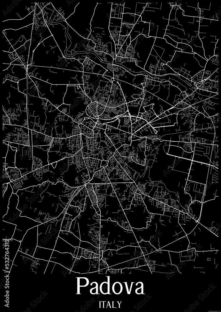 Black and White city map poster of Padova Italy.