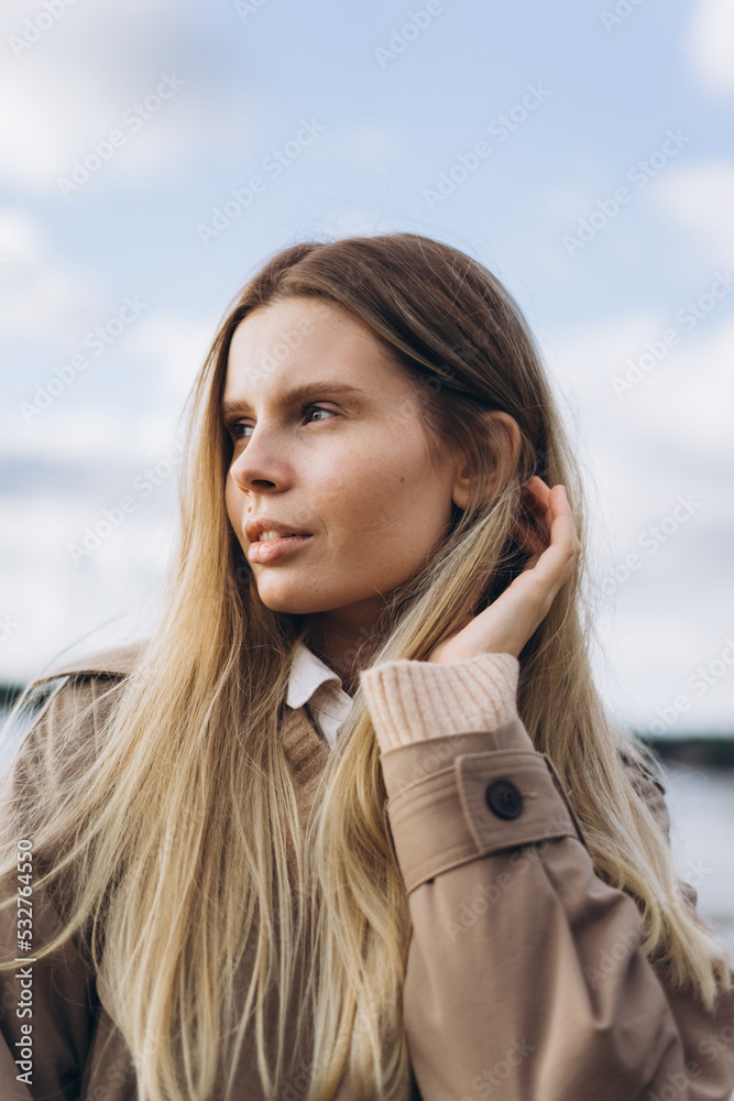 Close up outdoor portrait of young blondie beauty woman. Natural beauty girl Close up outdoor portrait of young blondie beauty woman. Natural beauty girl
