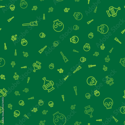 Set line Paint brush, Ancient amphorae and Human skull on seamless pattern. Vector
