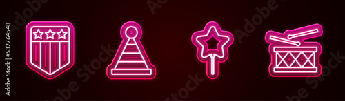 Set line Shield with stars  Party hat  Balloon and Drum and drum sticks. Glowing neon icon. Vector