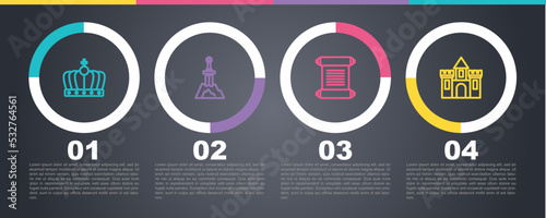 Set line King crown, Sword the stone, Decree, parchment, scroll and Castle, fortress. Business infographic template. Vector
