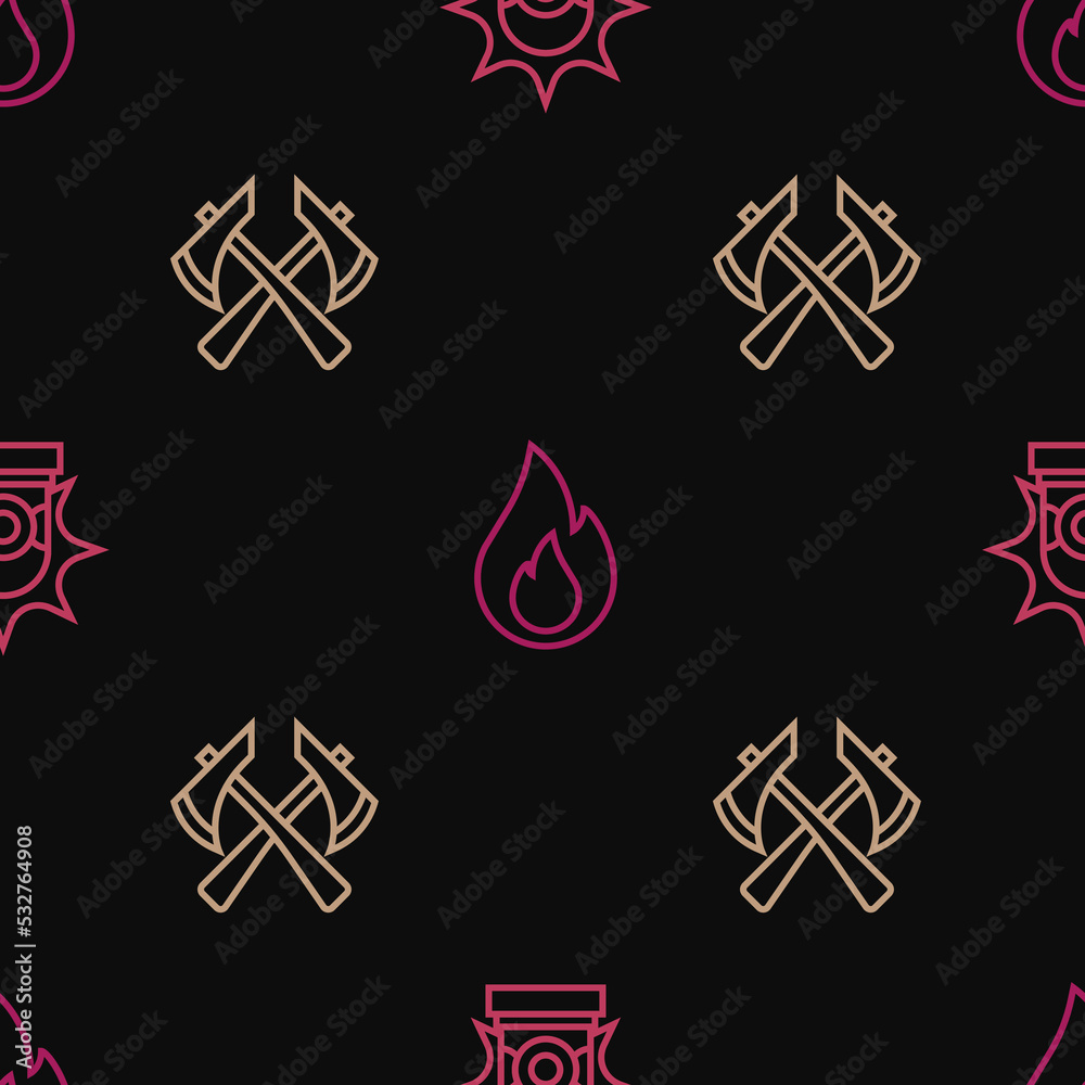 Set line Flasher siren, Firefighter axe and flame on seamless pattern. Vector Set line Flasher siren, Firefighter axe and flame on seamless pattern. Vector