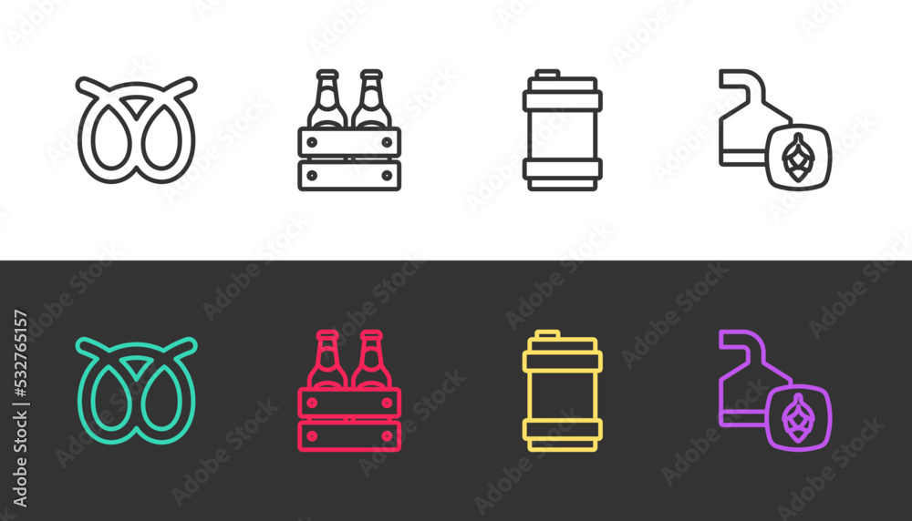 Set line Pretzel, Pack of beer bottles, Metal keg and Beer brewing process on black and white. Vector Set line Pretzel, Pack of beer bottles, Metal keg and Beer brewing process on black and white. Vector