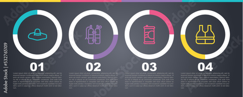 Set line Elegant women hat, Aqualung, Soda can and Life jacket. Business infographic template. Vector