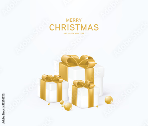 Merry Christmas with christmas gift, ball and gift banner template design with podium for web or social media. 3d render.