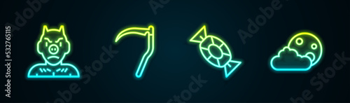 Set line Krampus, heck, Scythe, Candy and Moon stars. Glowing neon icon. Vector