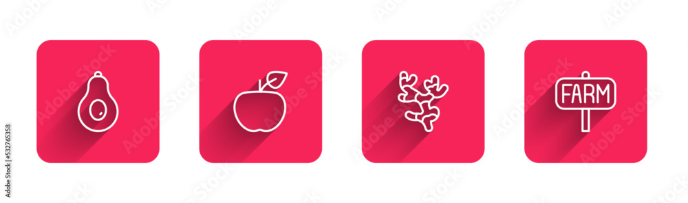 Set line Avocado, Apple, Ginger root and Location farm with long shadow. Red square button. Vector Set line Avocado, Apple, Ginger root and Location farm with long shadow. Red square button. Vector