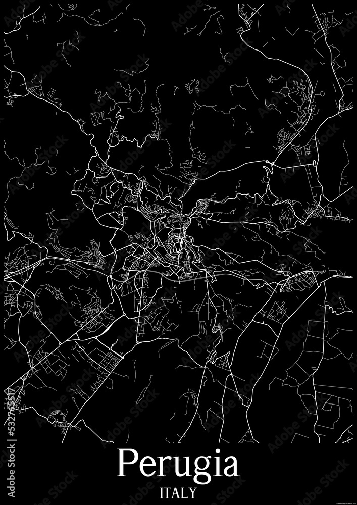 Black and White city map poster of Perugia Italy.