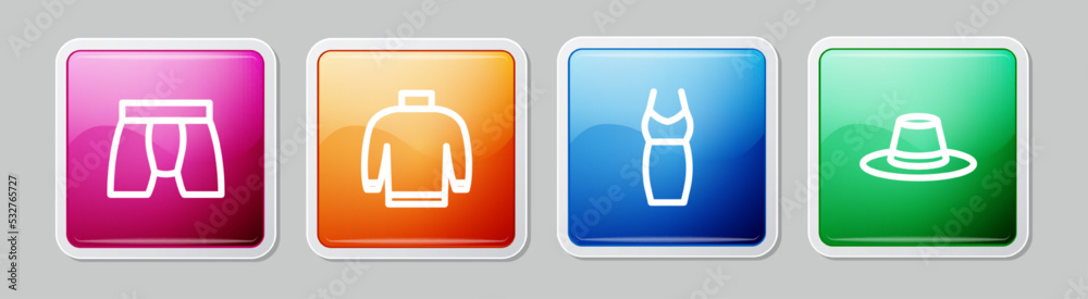 Set line Men underpants, Sweater, Woman dress and Man hat. Colorful square button. Vector Set line Men underpants, Sweater, Woman dress and Man hat. Colorful square button. Vector