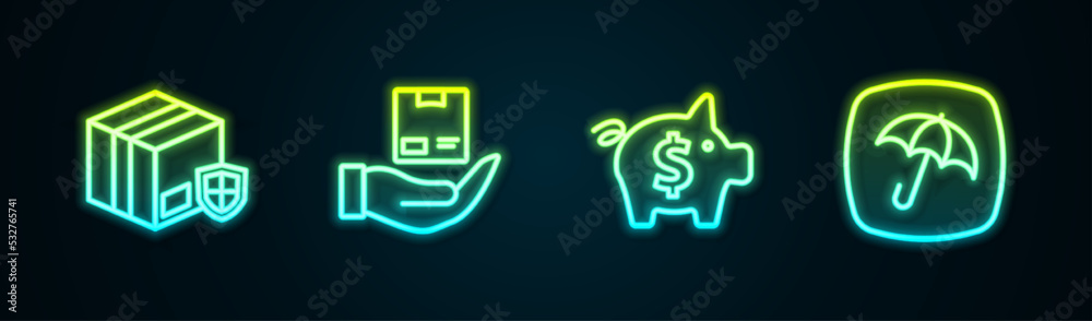 Fototapeta premium Set line Delivery security with shield, insurance, Piggy bank and Umbrella. Glowing neon icon. Vector