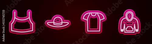 Set line Female crop top, Elegant women hat, T-shirt and Hoodie. Glowing neon icon. Vector