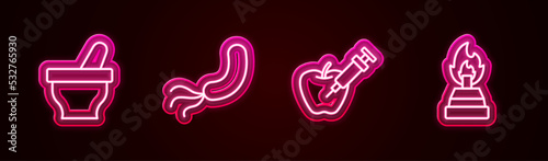 Set line Mortar and pestle, Bacteria, Genetically modified apple and Alcohol spirit burner. Glowing neon icon. Vector