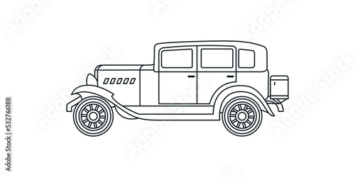 Vintage old car made in 30s years. Vector flat outline illustration in retro style