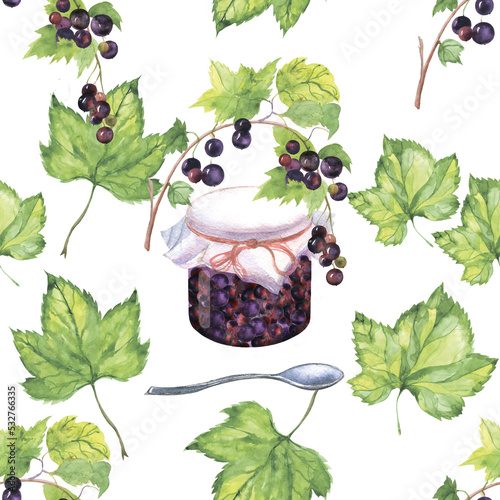Seamless pattern with berries. A branch of black currant with berries and green leaves, a glass jar with black currant jam and a metal spoon.