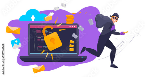 Account hacking concept. Online attack of the computer system. Cybercrime. Stealing of money and data. Thief, hacker running after stealing the password, login, access to the data. Flat illustration.