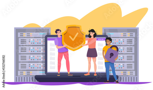 Data safety concept.  Characters holding shield, protecting account and data on the computer. Antivirus service. Biometric access. Biometrics verification and identification. Cyber security.  GDPR. 