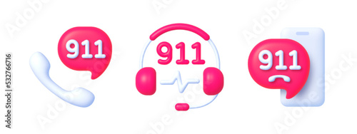 911 Icon set for infographic or website. 911 icons in 3D style on white background. Distress call, rescue service, emergency service and ambulance. Collection of red signs. Vector 3D illustration