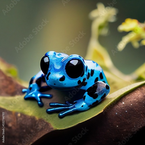 Beautiful blue frog, exotic frog, tropical animal. Blue, fushia, purple with big eyes. Nature background.  Photo realistic, concept art, cinematic light, background, wallpaper, illustration photo