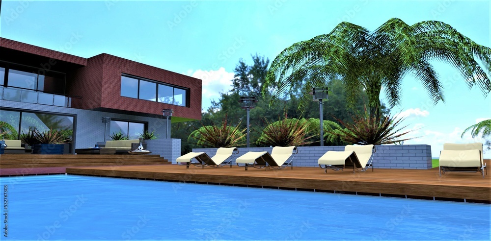 Fototapeta premium Swimming pool and wooden terrace with beige outdoor loungers in the courtyard of a stylish private estate. Cozy environment and a sense of serenity. 3d render.