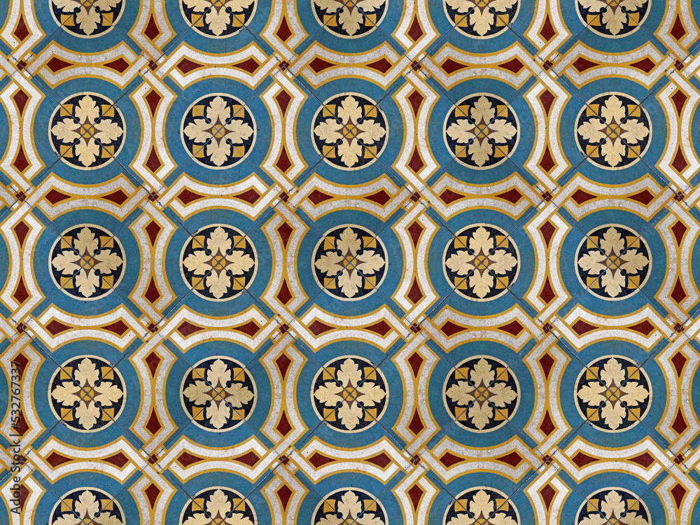 Ancient hydraulic tiles on floor in Rio de Janeiro