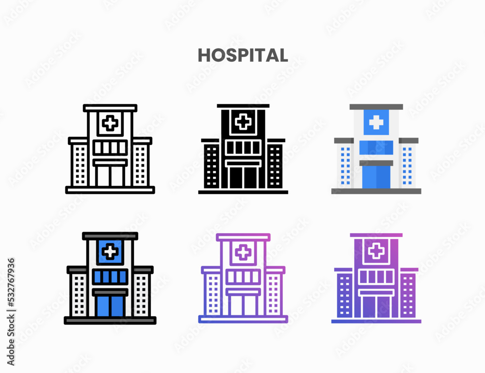 Hospital Building icon set with different styles. Style line, outline, flat, glyph, color, gradient. Can be used for digital product, presentation, print design and more. Hospital Building icon set with different styles. Style line, outline, flat, glyph, color, gradient. Can be used for digital product, presentation, print design and more.