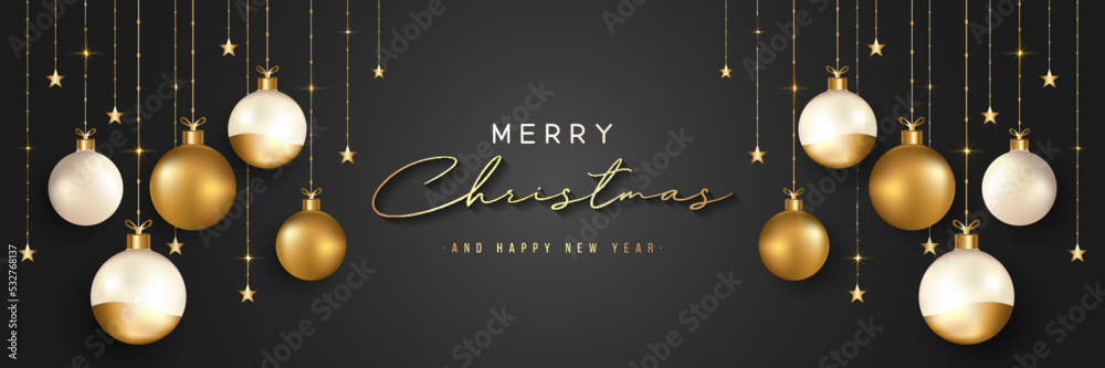 Fototapeta premium Christmas banner. Luxury and elegant black horizontal xmas design with stars and golden christmas balls hanging on ribbons. Suit for poster, greeting card, website, header, flyer. Vector illustration