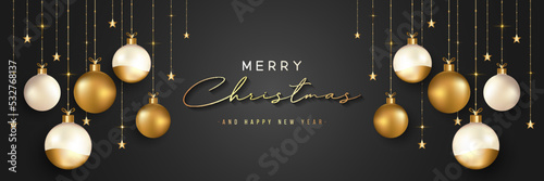 Christmas banner. Luxury and elegant black horizontal xmas design with stars and golden christmas balls hanging on ribbons. Suit for poster, greeting card, website, header, flyer. Vector illustration