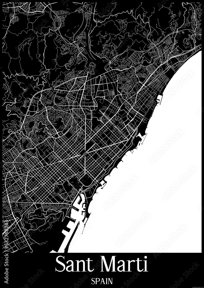 Black and White city map poster of Sant Marti Spain.