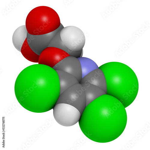 Triclopyr herbicide (broadleaf weed killer) molecule, 3D rendering. photo