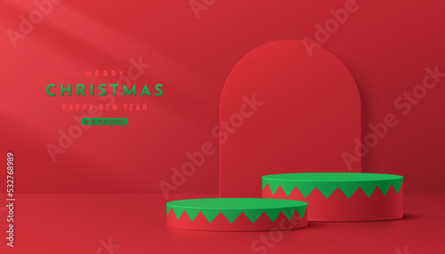 Realistic red, green 3D cylinder pedestal podium in serrated pattern style. Merry christmas concept. Abstract minimal scene mockup products, stage showcase, promotion display. Vector geometric forms.