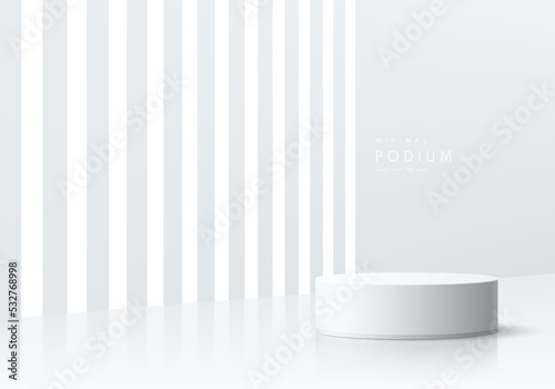 Realistic white 3D cylinder pedestal podium with perspective glowing vertical light background. Vector abstract with geometric forms. Minimal wall scene for mockup products showcase, Promotion display