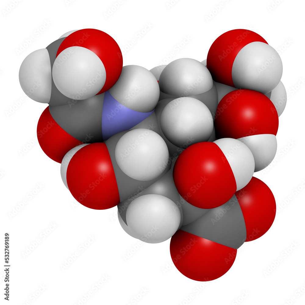 N-glycolylneuraminic acid (Neu5Gc) molecule. 3D rendering. Sialic acid found in most mammals but missing in humans. N-glycolylneuraminic acid (Neu5Gc) molecule. 3D rendering. Sialic acid found in most mammals but missing in humans.
