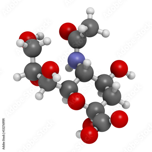 Sialic acid (N-acetylneuraminic acid, Neu5Ac, NANA) molecule, 3D rendering.