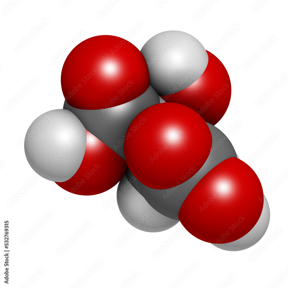 Malic acid fruit acid molecule. 3D rendering. Present in apples, grapes, rhubarb, etc and contributes to the sour taste of these. Malic acid fruit acid molecule. 3D rendering. Present in apples, grapes, rhubarb, etc and contributes to the sour taste of these.