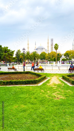 Istanbul, TURKEY - October 10, 2021: The Hagia Sophia (also called Hagia Sophia or Ayasofya) exterior view, famous Byzantine landmark and world wonder in Istanbul