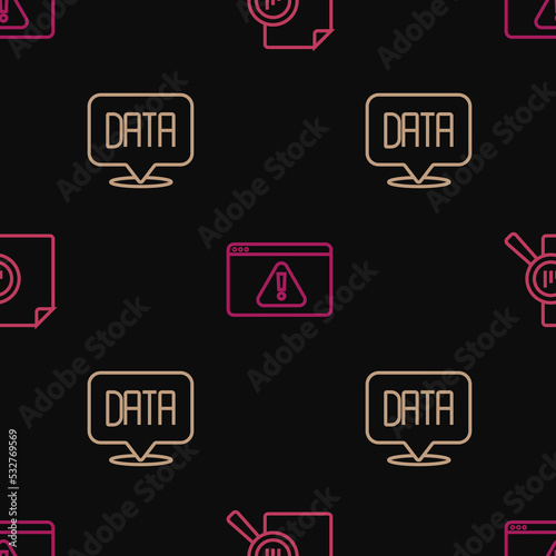 Set line Document with graph chart, Data analysis and Browser exclamation mark on seamless pattern. Vector © Kostiantyn