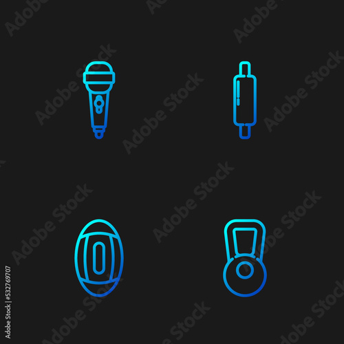 Set line Kettlebell, American Football ball, Microphone and Rolling pin. Gradient color icons. Vector