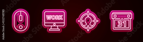 Set line Computer mouse, Monitor with text work, Head hunting concept and Calendar. Glowing neon icon. Vector