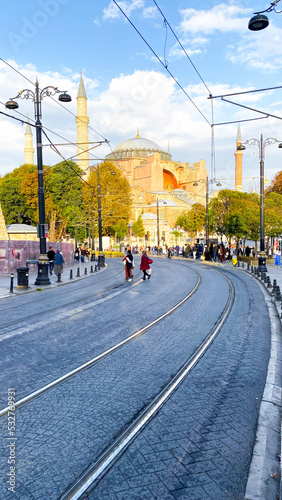 Istanbul, TURKEY - October 10, 2021: The Hagia Sophia (also called Hagia Sophia or Ayasofya) exterior view, famous Byzantine landmark and world wonder in Istanbul