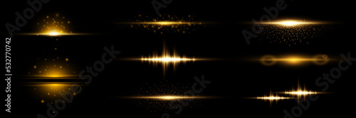 Golden light effects on a black background. Bright flashes and highlights of golden color. Bright beams of light. Light vibration from sound. Glowing lines. Vector illustration. EPS 10