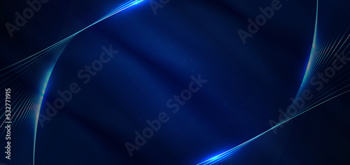 Abstract technology futuristic glowing blue and red  light lines with speed motion blur effect on dark blue background. © Pramote