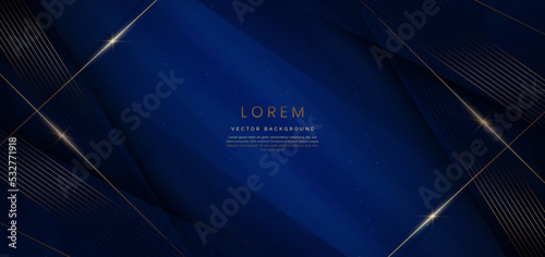 Abstract elegant dark blue background with golden line and lighting effect sparkle. Luxury template design.