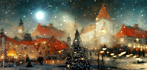  Christmas city , tree on medieval city stree lamp evening blurred light old houses pedestrian walk old town market place Tallinn old town festive banner