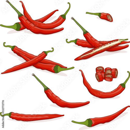 Set with whole, half, quarter, slices, and wedges of Cayenne peppers. Ginnie peppers. Chili peppers. Fresh organic vegetables. Cartoon style. Vector illustration isolated on white background.
