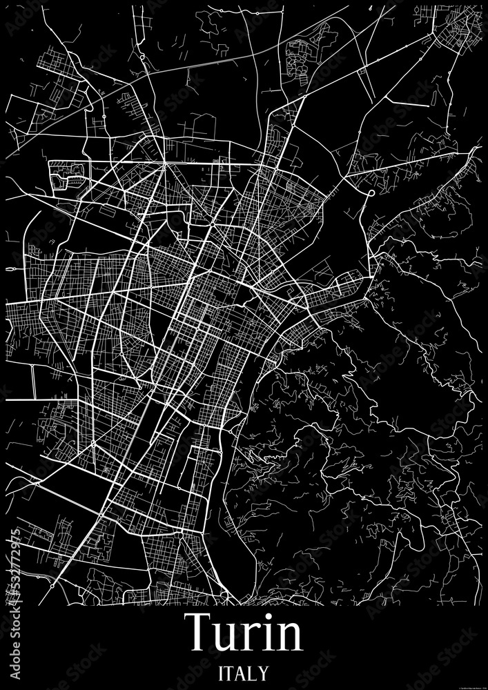 Black and White city map poster of Turin Italy.