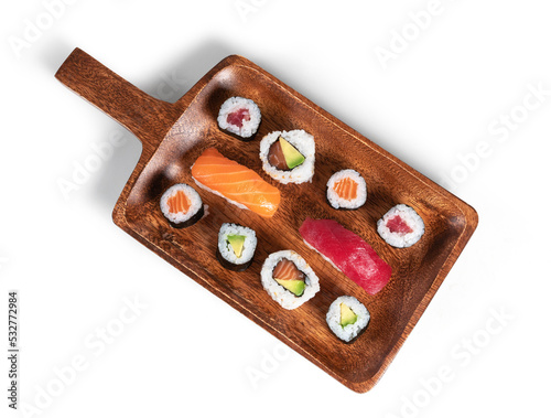 Top view of maki sushi board isolated on white background